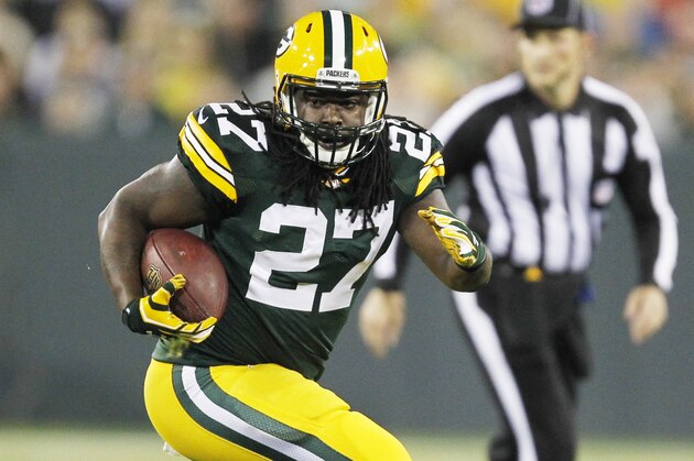 Green Bay Packers' Eddie Lacy runs during the first half of an NFL football game against the Kansas City Chiefs Monday, Sept. 28, 2015, in Green Bay, Wis. (AP Photo/Matt Ludtke)