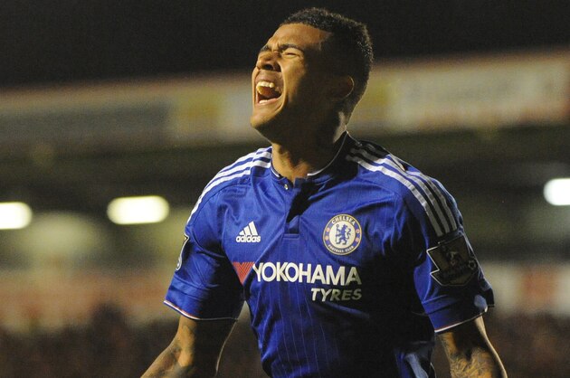 Chelsea's Kenedy celebrates after scoring against Walsall during the English League Cup Third Round soccer match between Walsall FC and Chelsea at Bescot Stadium, Walsall, England, Wednesday, Sept. 23, 2015. (AP Photo/Rui Vieira)