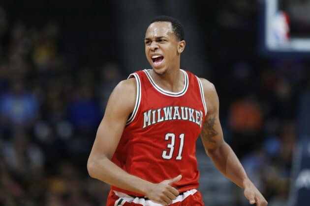 Milwaukee Bucks forward John Henson reacts after sinking a basket against the Denver Nuggets in the third quarter of an NBA basketball game Tuesday, March 3, 2015, in Denver. The Nuggets won 106-95 to break a 10-game home losing streak. (AP Photo/David Zalubowski)