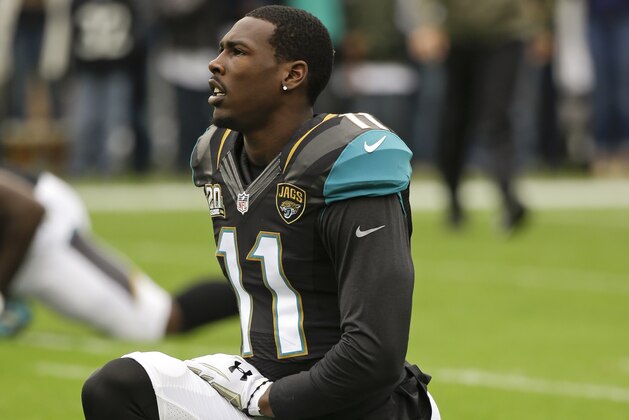 Jacksonville Jaguars wide receiver Marqise Lee (11) warms up before an NFL football game against the Houston Texans in Jacksonville, Fla., Sunday, Dec. 7, 2014. (AP Photo/John Raoux)
