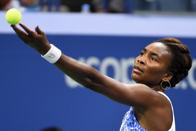 Sep 8, 2015; New York, NY, USA; Venus Williams of the USA serves to Serena Williams of the USA on day nine of the 2015 U.S. Open tennis tournament at USTA Billie Jean King National Tennis Center. Mandatory Credit: Robert Deutsch-USA TODAY Sports