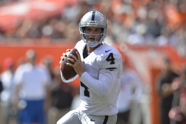 Oakland Raiders quarterback Derek Carr looks to pass during an NFL football game against the Cleveland Browns Sunday, Sept. 27, 2015, in Cleveland. Oakland won 27-20.(AP Photo/David Richard)
