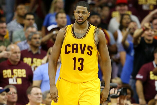 CLEVELAND, OH - JUNE 11:  Tristan Thompson #13 of the Cleveland Cavaliers reacts in the third quarter against the Golden State Warriors during Game Four of the 2015 NBA Finals at Quicken Loans Arena on June 11, 2015 in Cleveland, Ohio.  NOTE TO USER: User expressly acknowledges and agrees that, by downloading and or using this photograph, user is consenting to the terms and conditions of Getty Images License Agreement.  (Photo by Ronald Martinez/Getty Images)