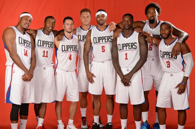 PLAYA VISTA, CA - SEPTEMBER 25:  Paul Pierce #34, Jamal Crawford #11, J.J. Redick #4, Blake Griffin #32, Josh Smith #5, Lance Stephenson #1, DeAndre Jordan #6 and Chris Paul #3 of the Los Angeles Clippers pose for a portrait during media day at the Los Angeles Clippers Training Center on September 25, 2015 in Playa Vista, California. NOTE TO USER: User expressly acknowledges and agrees that, by downloading and/or using this Photograph, user is consenting to the terms and conditions of the Getty Images License Agreement. Mandatory Copyright Notice: Copyright 2015 NBAE (Photo by Andrew D. Bernstein/NBAE via Getty Images)