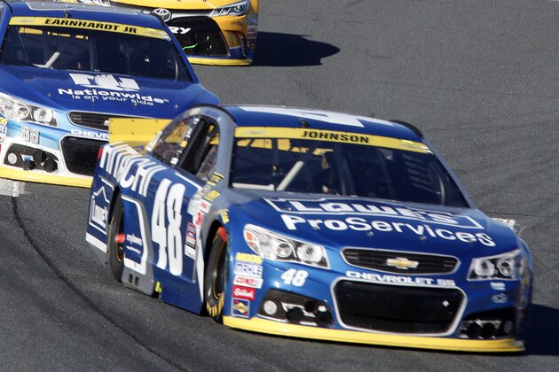 Jimmie Johnson (48) leads the pack during the NASCAR Sprint Cup series auto race at New Hampshire Motor Speedway Sunday, Sept. 27, 2015, in Loudon, N.H. (AP Photo/Jim Cole)
