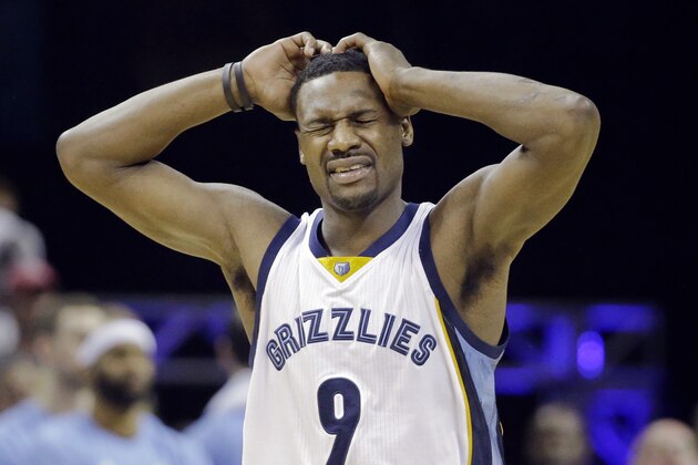 Memphis Grizzlies forward Tony Allen reacts to being called for a foul against the Portland Trail Blazers in the second half of Game 5 of an NBA basketball Western Conference playoff series Wednesday, April 29, 2015, in Memphis, Tenn. The Grizzlies won 99-93 to win the series 4-1. (AP Photo/Mark Humphrey)
