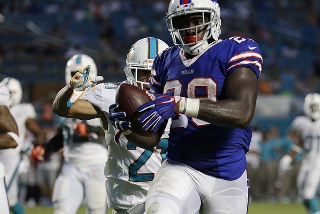 Buffalo Bills running back Karlos Williams (29) runs for a touchdown during the second half of an NFL football game against the Miami Dolphins Sunday, Sept. 27, 2015 in Miami Gardens, Fla. (AP Photo/Lynne Sladky)