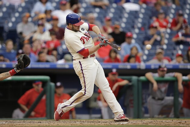 Philadelphia Phillies' Darin Ruf in action during the second game of a baseball doubleheader, Sunday, June 28, 2015, in Philadelphia. (AP Photo/Matt Slocum)