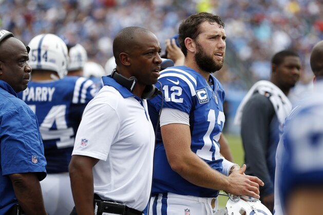 Indianapolis Colts quarterback Andrew Luck (12) watches from the sideline in the first half of an NFL football game against the Tennessee Titans Sunday, Sept. 27, 2015, in Nashville, Tenn. (AP Photo/Weston Kenney)