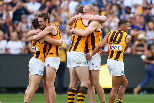 MELBOURNE, AUSTRALIA - OCTOBER 03: The Hawks celebrate winning the 2015 AFL Grand Final match between the Hawthorn Hawks and the West Coast Eagles at Melbourne Cricket Ground on October 3, 2015 in Melbourne, Australia.  (Photo by Quinn Rooney/Getty Images)