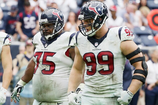 HOUSTON, TX - SEPTEMBER 13:  Vince Wilfork #75 and J.J. Watt #99 of the Houston Texans wait on the field during the game against the Kansas City Chiefs  at NRG Stadium on September 13, 2015 in Houston, Texas.  (Photo by Scott Halleran/Getty Images)