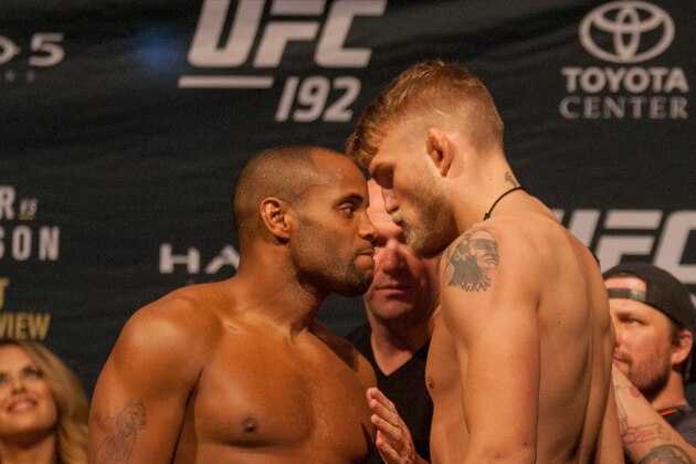UFC fighter Daniel Cormier, left, and Alexander Gustafsson, right, square off during the weigh in for UFC 192, Friday, Oct. 2, 2015 in Houston. (AP Photo/Juan DeLeon)