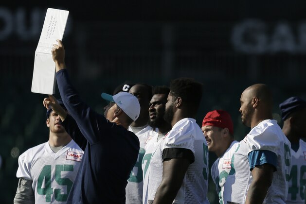 Miami Dolphins head coach Joe Philbin shows a play to the defence during a training session Allianz Park in London, Friday Oct. 2, 2015. The Dolphins are preparing for an NFL football game against the New York Jets at London's Wembley stadium on Sunday. (AP Photo/Tim Ireland)