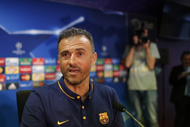 FC Barcelona's head coach Luis Enrique speaks during a press conference at the Sports Center FC Barcelona Joan Gamper in San Joan Despi, Spain, Monday, Sept. 28, 2015.  FC Barcelona will play against Bayer Leverkusen during a Champions League Group E on Tuesday. (AP Photo/Manu Fernandez)