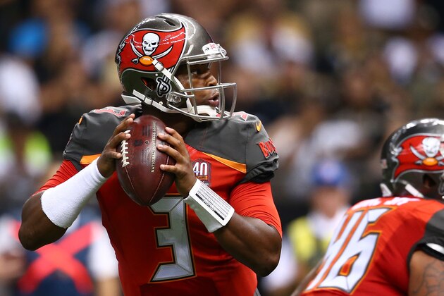 NEW ORLEANS, LA - SEPTEMBER 20:  Jameis Winston #3 of the Tampa Bay Buccaneers drops back to pass during the third quarter of a game against the New Orleans Saints at the Mercedes-Benz Superdome on September 20, 2015 in New Orleans, Louisiana.  (Photo by Ronald Martinez/Getty Images)