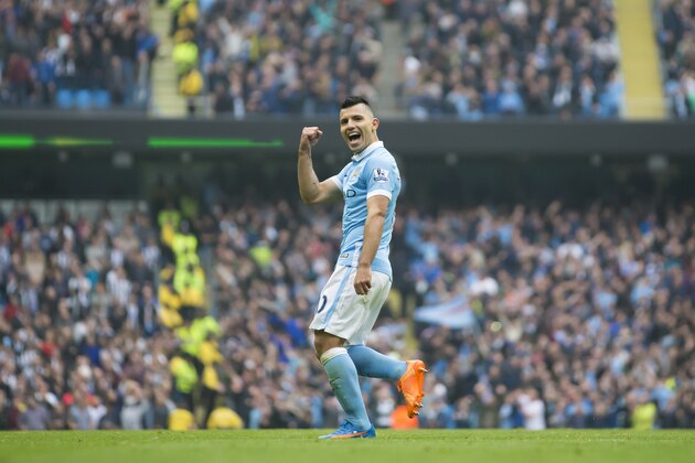 Manchester City's Sergio Aguero celebrates after scoring his fourth goal during the English Premier League soccer match between Manchester City and Newcastle at the Etihad Stadium, Manchester, England, Saturday Oct. 3, 2015. (AP Photo/Jon Super)
