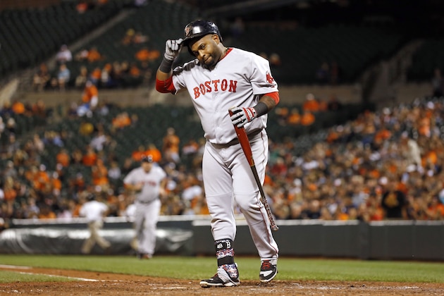 Boston Red Sox's Pablo Sandoval removes his helmet and walks out of the batter's box after striking out swinging to end the top of the sixth inning of a baseball game against the Baltimore Orioles, Monday, Sept. 14, 2015, in Baltimore. Baltimore won 2-0. (AP Photo/Patrick Semansky)