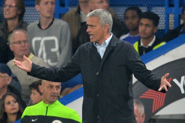 Chelsea's Portuguese manager Jose Mourinho gestures during the English Premier League football match between Chelsea and Southampton at Stamford Bridge in London on October 3, 2015. AFP PHOTO / GLYN KIRK

RESTRICTED TO EDITORIAL USE. No use with unauthorized audio, video, data, fixture lists, club/league logos or 'live' services. Online in-match use limited to 75 images, no video emulation. No use in betting, games or single club/league/player publications.        (Photo credit should read GLYN KIRK/AFP/Getty Images)