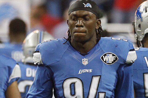 Detroit Lions defensive end Ezekiel Ansah (94) during introductions for their game against the Denver Broncos at an NFL football game, Sunday, Sept. 27, 2015, in Detroit. (AP Photo/Duane Burleson)