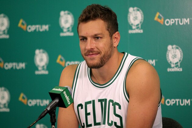 Boston Celtics player David Lee listens to a question during the Boston Celtics media day at their training facility in Waltham, Mass., Friday, Sept. 25, 2015. (AP Photo/Mary Schwalm)