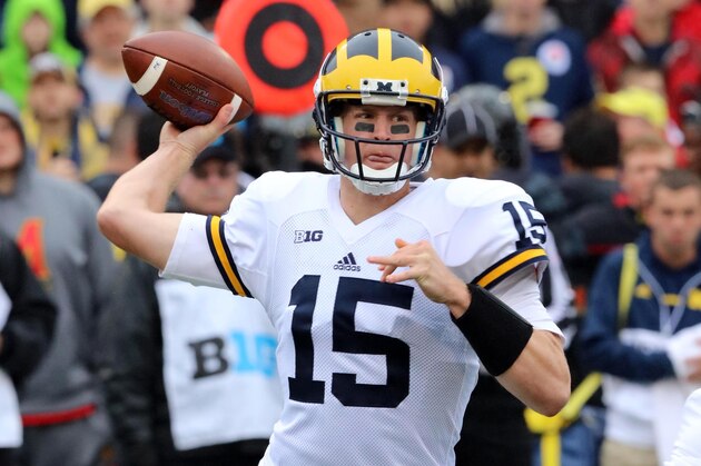 Oct 3, 2015; College Park, MD, USA; Michigan Wolverines quarterback Jake Rudock (15) passes against the Maryland Terrapins at Byrd Stadium. Mandatory Credit: Mitch Stringer-USA TODAY Sports