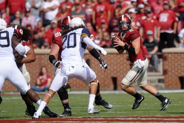 Oct 3, 2015; Norman, OK, USA; Oklahoma Sooners quarterback Baker Mayfield (6) looks to pass the ball against the West Virginia Mountaineers in the first quarter at Gaylord Family - Oklahoma Memorial Stadium. Mandatory Credit: Mark D. Smith-USA TODAY Sports