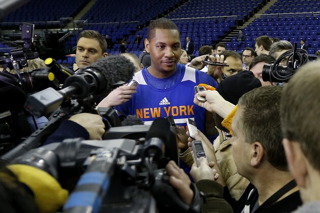 Carmelo Anthony speaks to the media during a New York Knicks media availability session at the O2 Arena in London, Wednesday, Jan. 14, 2015. Milwaukee Bucks will play New York Knicks in an NBA game at the O2 Arena in London on Thursday. (AP Photo/Kirsty Wigglesworth)