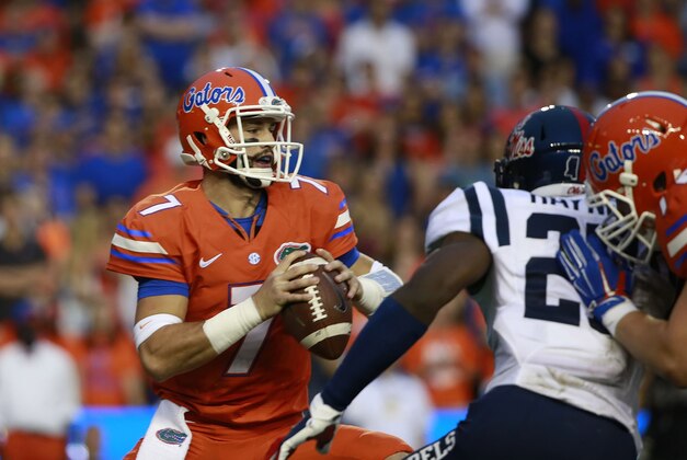 Oct 3, 2015; Gainesville, FL, USA;  Florida Gators quarterback Will Grier (7) drops back during the first quarter against the Mississippi Rebels at Ben Hill Griffin Stadium. Mandatory Credit: Kim Klement-USA TODAY Sports