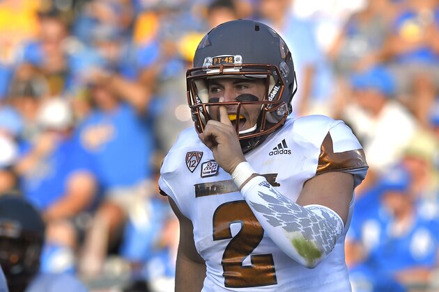 Arizona State quarterback Mike Bercovici gestures to fans after they scored a touchdown during the first half of an NCAA college football game against UCLA, Saturday, Oct. 3, 2015, in Pasadena, Calif. (AP Photo/Mark J. Terrill)