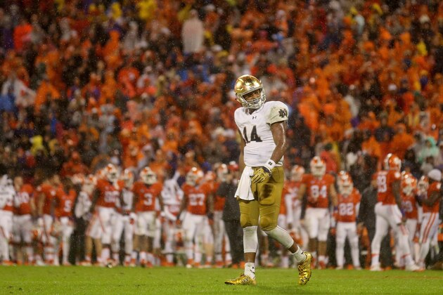 CLEMSON, SC - OCTOBER 03:  DeShone Kizer #14 of the Notre Dame Fighting Irish walks to the sidelines against the Clemson Tigers during their game at Clemson Memorial Stadium on October 3, 2015 in Clemson, South Carolina.  (Photo by Streeter Lecka/Getty Images)