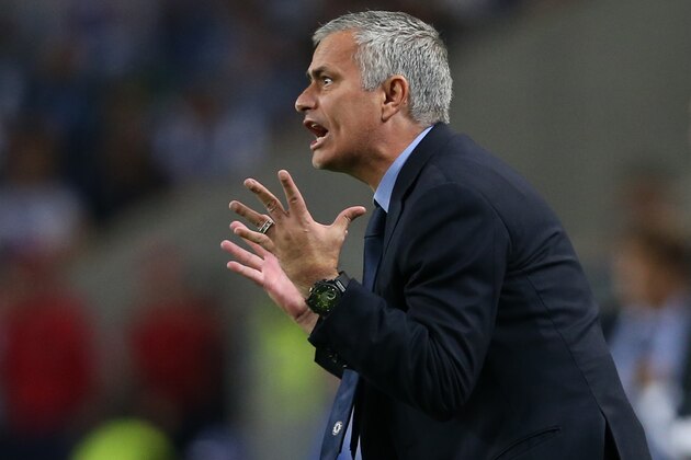 Chelsea manager Jose Mourinho gestures during the Champions League group G soccer match between FC Porto and Chelsea FC at the Dragao stadium in Porto, Portugal, Tuesday, Sept. 29, 2015.  (AP Photo/Steven Governo)