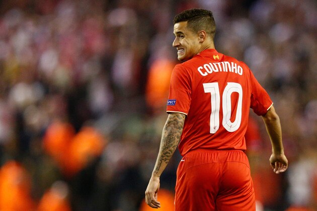 LIVERPOOL, ENGLAND - OCTOBER 01: Philippe Coutinho of Liverpool reacts  during the UEFA Europa League group B match between Liverpool FC and FC Sion at Anfield on October 1, 2015 in Liverpool, United Kingdom.  (Photo by Dean Mouhtaropoulos/Getty Images)