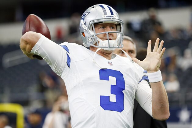Dallas Cowboys quarterback Brandon Weeden (3) warms up before an NFL football game against the Atlanta Falcons on Sunday, Sept. 27, 2015, in Arlington, Texas. Atlanta won 39-28. (AP Photo/Brandon Wade)