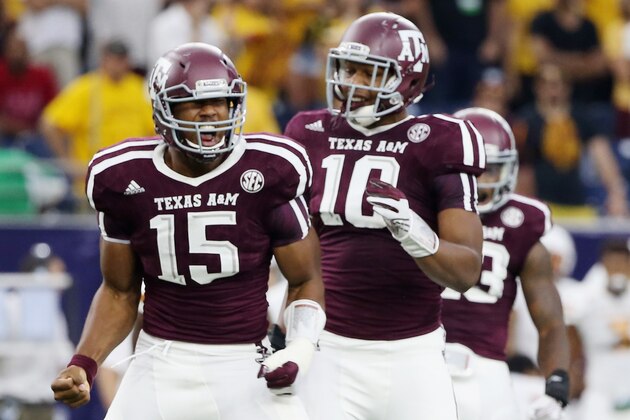 HOUSTON, TX - SEPTEMBER 05:  Myles Garrett #15 of the Texas A&M Aggies celebrates after his sack of Mike Bercovici #2 of the Arizona State Sun Devils during the first half of their game during the Advocare Texas Kickoff at NRG Stadium on September 5, 2015 in Houston, Texas.  (Photo by Scott Halleran/Getty Images)