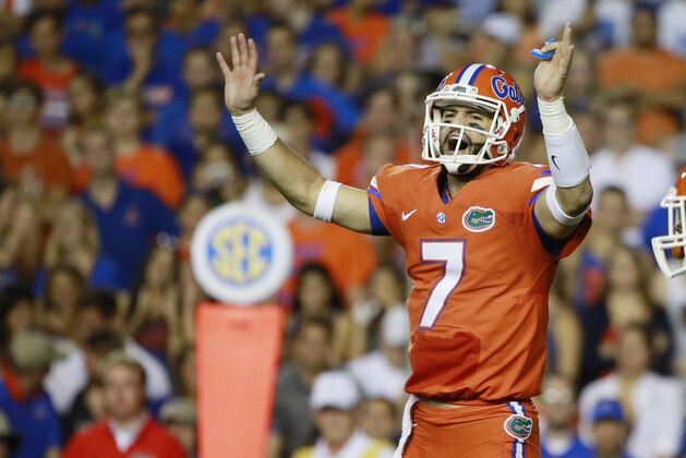Oct 3, 2015; Gainesville, FL, USA; Florida Gators quarterback Will Grier (7) calls a play against the Mississippi Rebels during the first half at Ben Hill Griffin Stadium. Mandatory Credit: Kim Klement-USA TODAY Sports