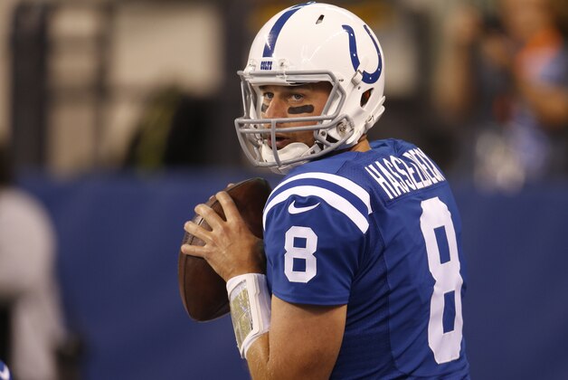 Indianapolis Colts quarterback Matt Hasselbeck (8) throws before the start of an NFL preseason football game between the Indianapolis Colts and the Cincinnati Bengals, Thursday, Sept. 3, 2015, in Indianapolis. (AP Photo/AJ Mast)