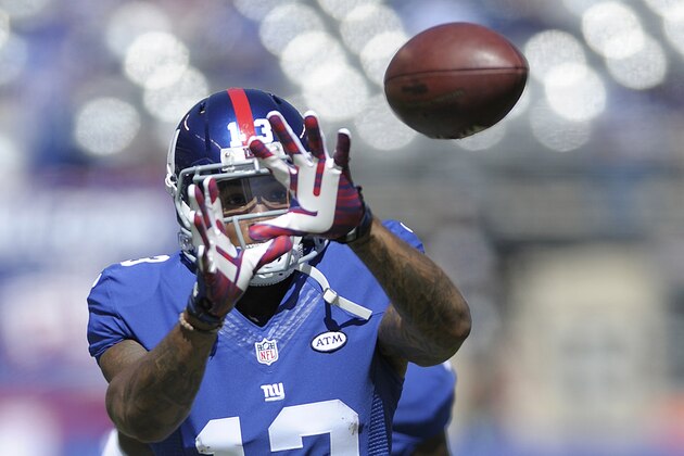 New York Giants wide receiver Odell Beckham warms up prior to an NFL football game against the Atlanta Falcons, Sunday, Sept. 20, 2015, in East Rutherford, N.J. (AP Photo/Bill Kostroun)