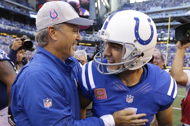Indianapolis Colts' Adam Vinatieri (4) celebrates with head coach Chuck Pagano after Vinatieri kicked the game winning field goal in overtime of an NFL football game against the Jacksonville Jaguars, Sunday, Oct. 4, 2015, in Indianapolis. Indianapolis won 16-13. (AP Photo/Michael Conroy) Indianapolis Colts' Adam Vinatieri (4) celebrates with head coach Chuck Pagano after Vinatieri kicked the game winning field goal in overtime of an NFL football game against the Jacksonville Jaguars, Sunday, Oct. 4, 2015, in Indianapolis. Indianapolis won 16-13. (AP Photo/Michael Conroy)