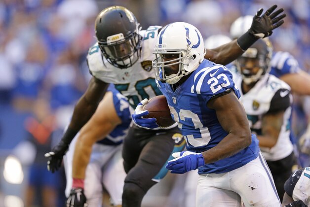 Indianapolis Colts' Frank Gore (23) runs during overtime of an NFL football game against the Jacksonville Jaguars, Sunday, Oct. 4, 2015, in Indianapolis. Indianapolis won 16-13 in overtime. (AP Photo/Michael Conroy)