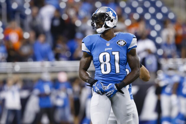 Detroit Lions wide receiver Calvin Johnson (81) during warm ups prior to an NFL football game against the Denver Broncos at Ford Field in Detroit, Sunday, Sept. 27, 2015. (AP Photo/Rick Osentoski)