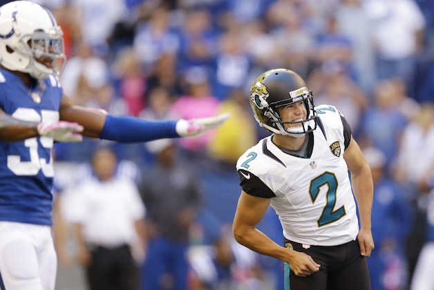 Jacksonville Jaguars' Jason Myers (2) watches as he misses a potential game winning field goal as Indianapolis Colts' Josh Thomas (35) reacts late in the second half of an NFL football game Sunday, Oct. 4, 2015, in Indianapolis. (AP Photo/Michael Conroy)