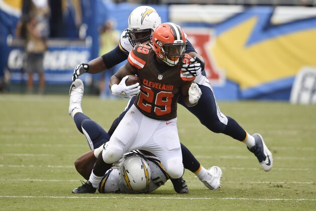 Cleveland Browns running back Duke Johnson (29) is brought down by San Diego Chargers outside linebacker Melvin Ingram, above, and defensive end Kendall Reyes, below, during the first half in an NFL football game Sunday, Oct. 4, 2015, in San Diego. (AP Photo/Denis Poroy)