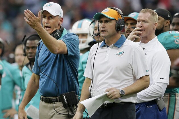 Miami Dolphins head coach Joe Philbin, left, gestures during the NFL football game between the New York Jets and the Miami Dolphins and at Wembley stadium in London, Sunday, Oct. 4, 2015. (AP Photo/Tim Ireland)