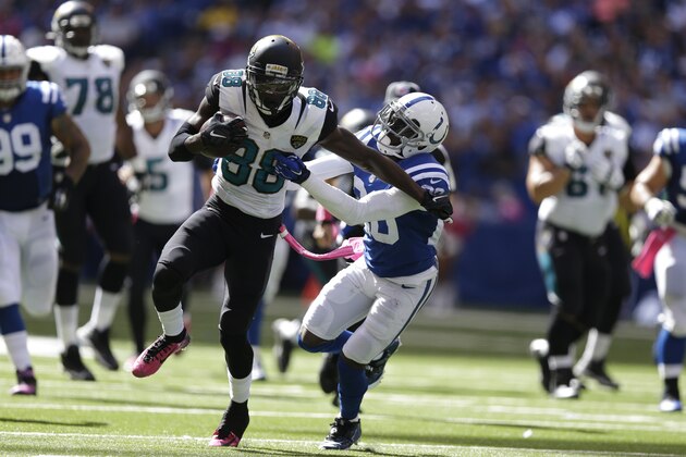 Jacksonville Jaguars' Allen Hurns (88) is chased by Indianapolis Colts' Darius Butler (20) during the first half of an NFL football game Sunday, Oct. 4, 2015, in Indianapolis. (AP Photo/Michael Conroy)
