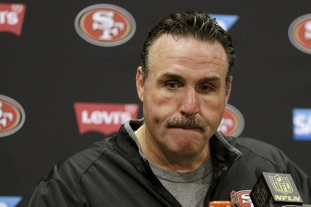 San Francisco 49ers head coach Jim Tomsula speaks during a news conference after an NFL football game against the Green Bay Packers in Santa Clara, Calif., Sunday, Oct. 4, 2015. The Packers won 17-3. (AP Photo/Ben Margot)