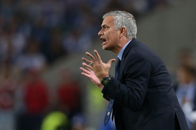 Chelsea manager Jose Mourinho gestures during the Champions League group G soccer match between FC Porto and Chelsea FC at the Dragao stadium in Porto, Portugal, Tuesday, Sept. 29, 2015.  (AP Photo/Steven Governo)