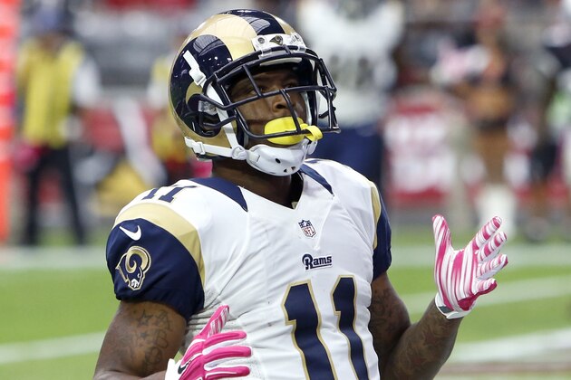 St. Louis Rams wide receiver Tavon Austin (11) celebrates his touchdown against the Arizona Cardinals during the first half of an NFL football game, Sunday, Oct. 4, 2015, in Glendale, Ariz. (AP Photo/Rick Scuteri)