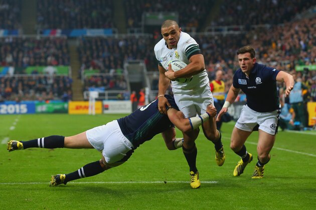NEWCASTLE UPON TYNE, ENGLAND - OCTOBER 03:  Bryan Habana of South Africa breaks through to score their third try during the 2015 Rugby World Cup Pool B match between South Africa and Scotland at St James' Park on October 3, 2015 in Newcastle upon Tyne, United Kingdom.  (Photo by Alex Livesey/Getty Images)