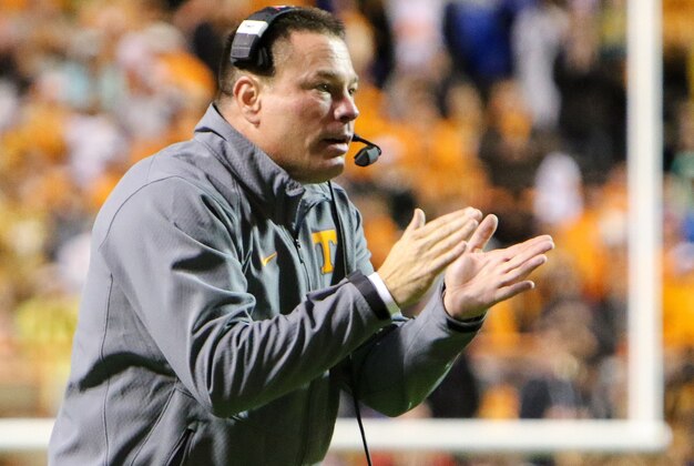 Oct 3, 2015; Knoxville, TN, USA; Tennessee Volunteers head coach Butch Jones during the first quarter against the Arkansas Razorbacks at Neyland Stadium. Mandatory Credit: Randy Sartin-USA TODAY Sports