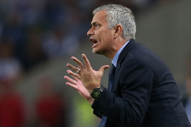 Chelsea manager Jose Mourinho gestures during the Champions League group G soccer match between FC Porto and Chelsea FC at the Dragao stadium in Porto, Portugal, Tuesday, Sept. 29, 2015.  (AP Photo/Steven Governo)